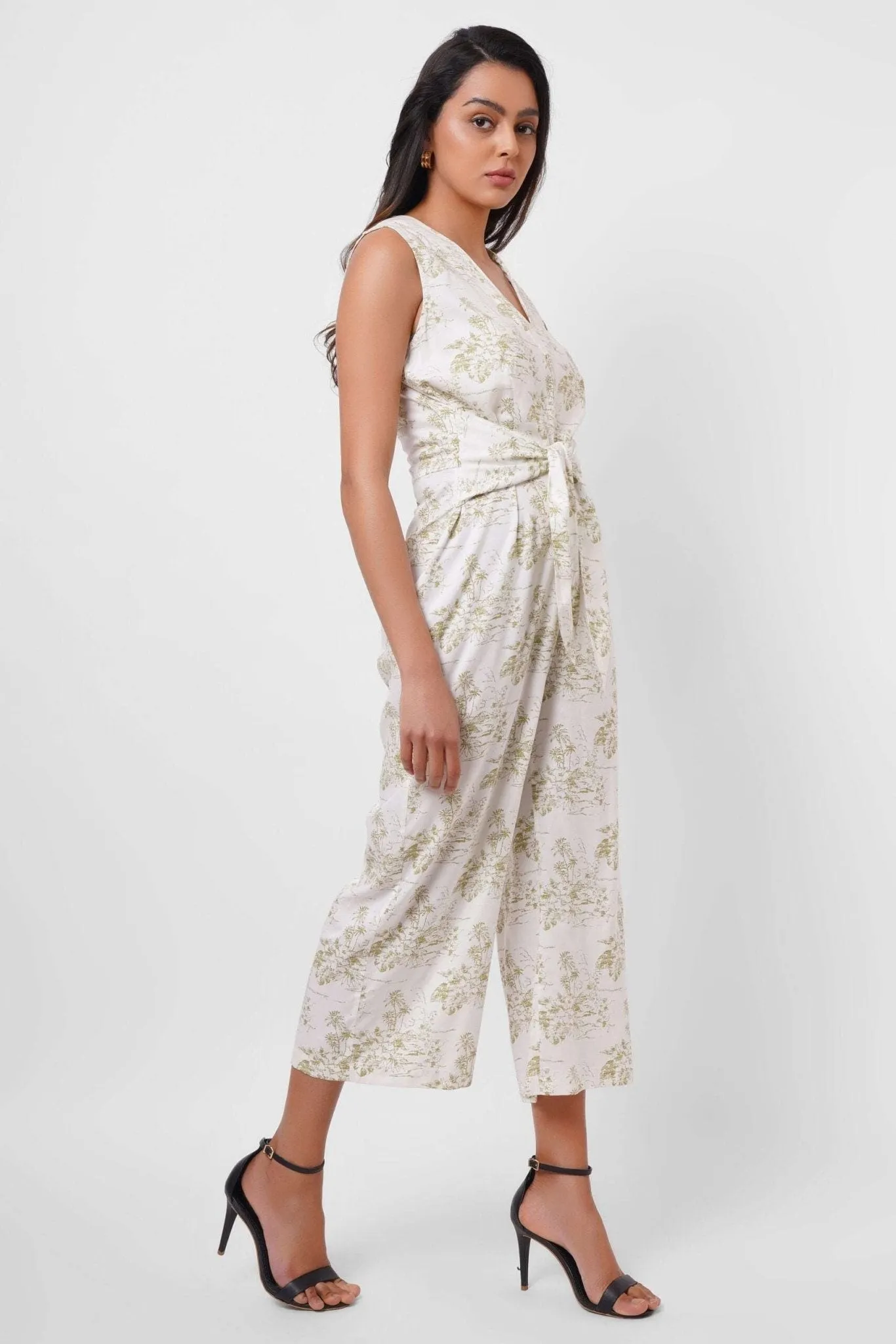 Printed White Jumpsuit with Waist Knot