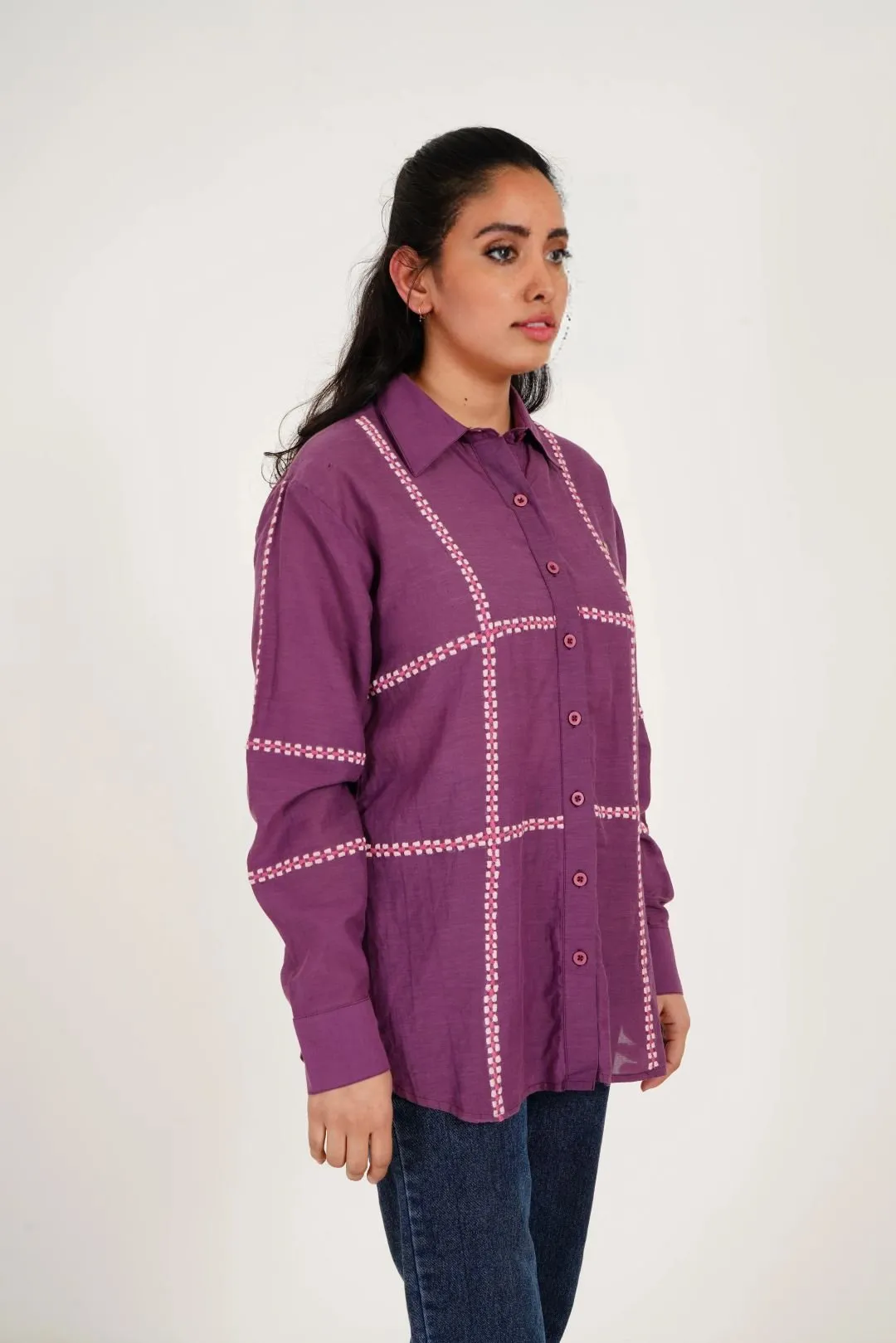 Purple Line Embroidered Oversized Shirt