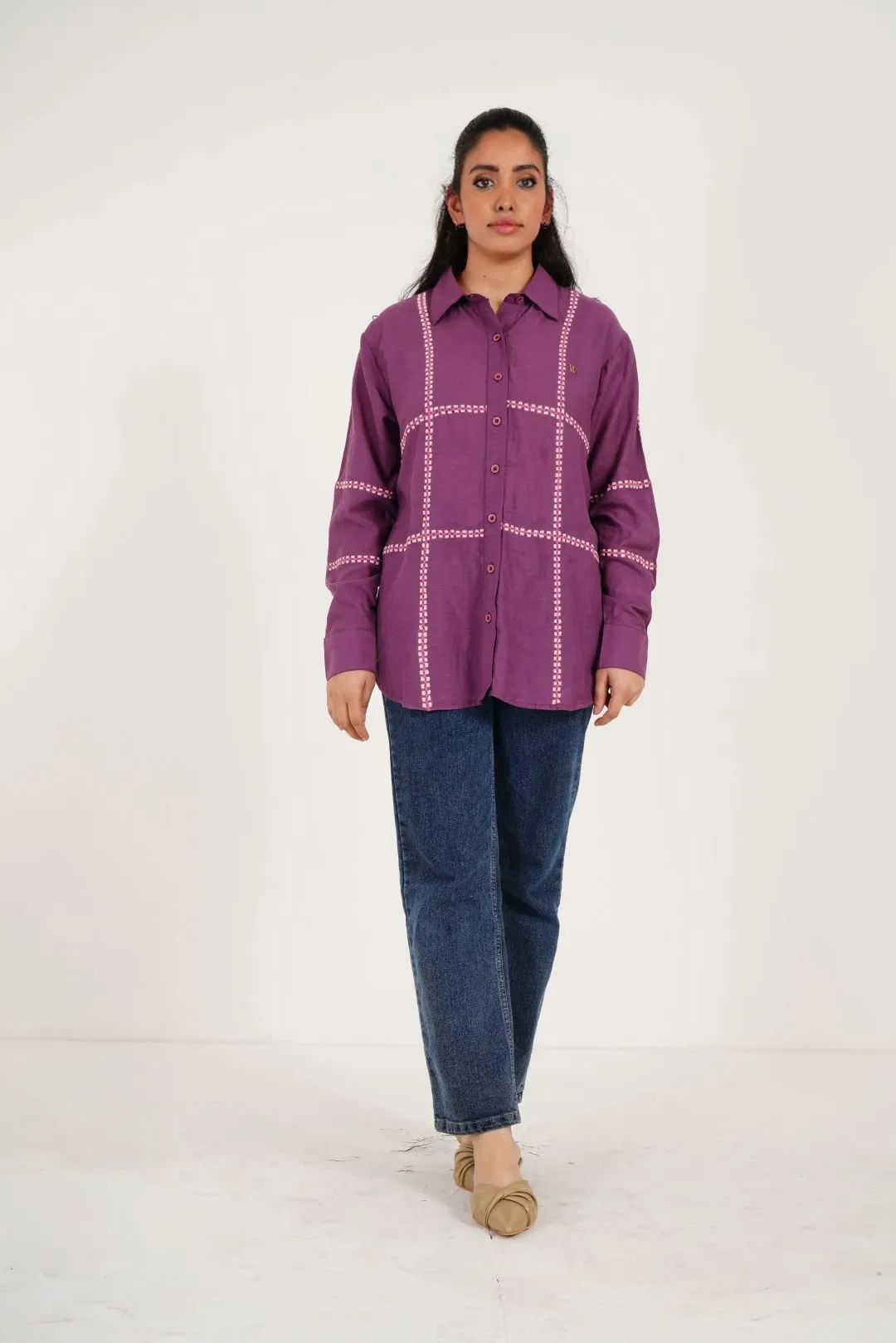 Purple Line Embroidered Oversized Shirt