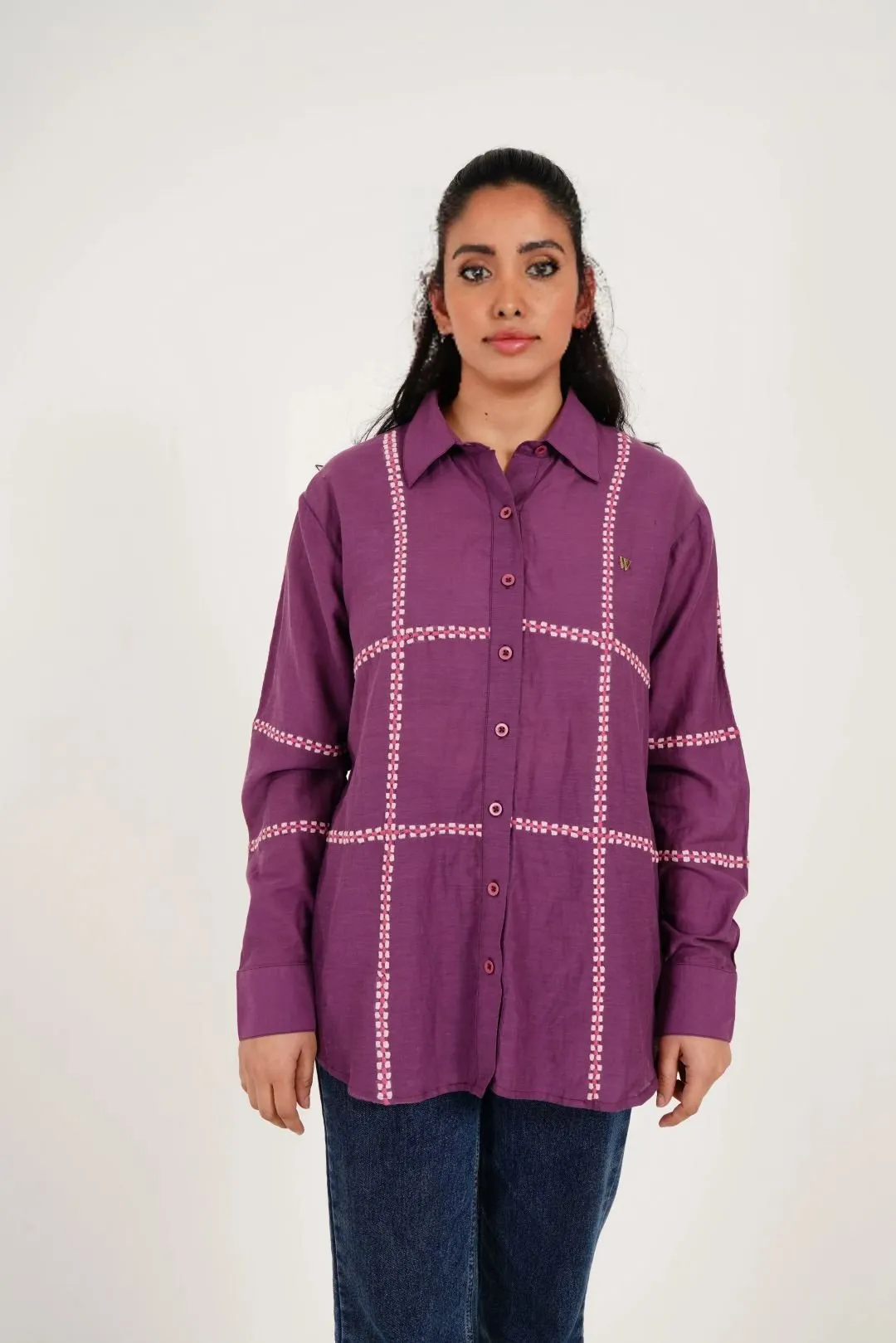 Purple Line Embroidered Oversized Shirt