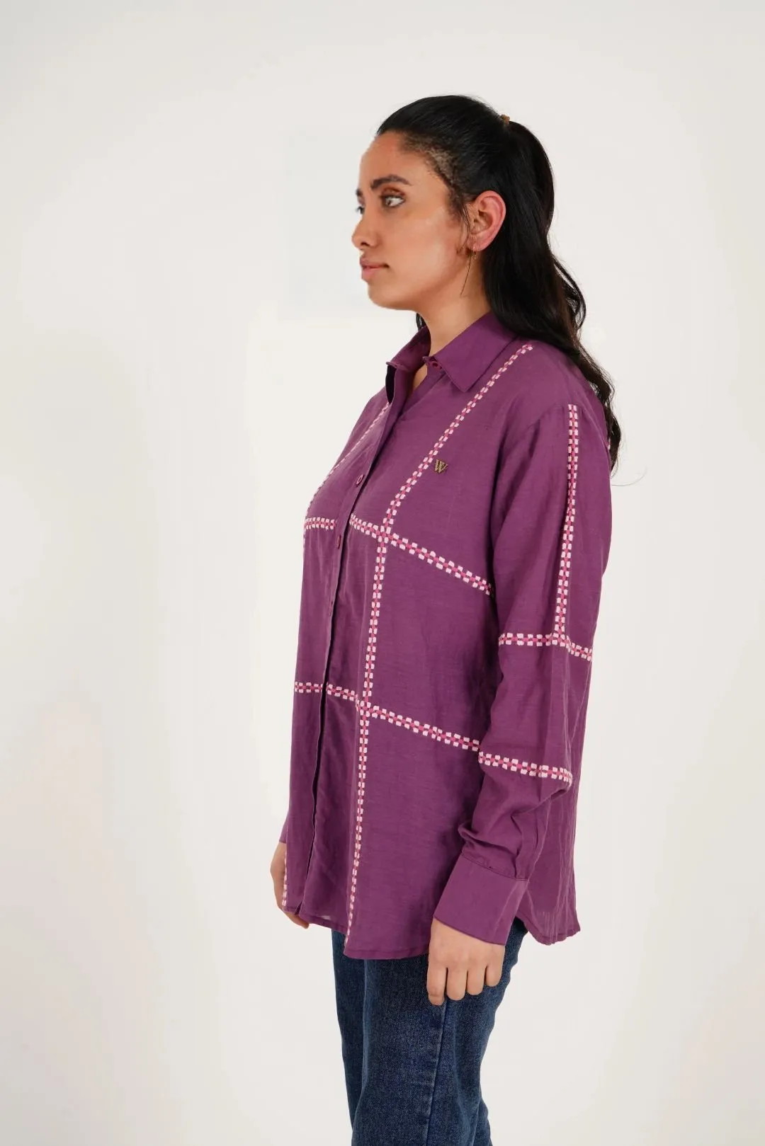 Purple Line Embroidered Oversized Shirt