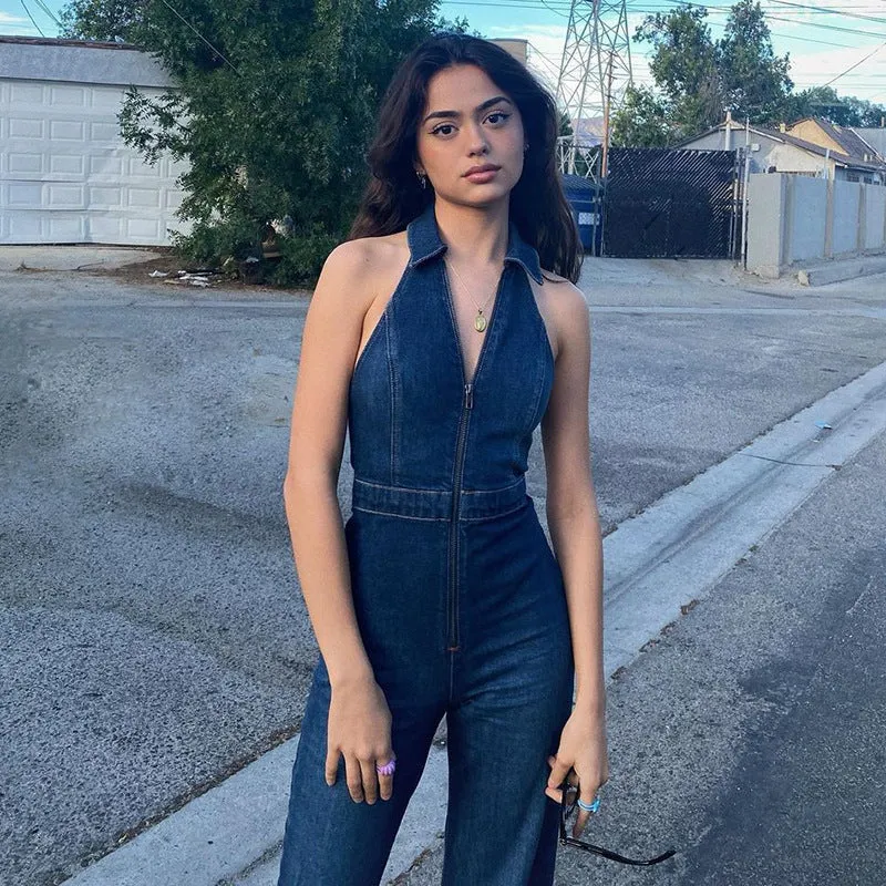 retro style slim denim jumpsuit
