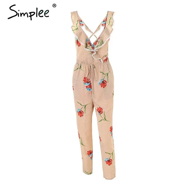 Simplee Cross v neck boho floral print jumpsuit Ruffle lace up sexy jumpsuit women Backless elegant summer playsuits female