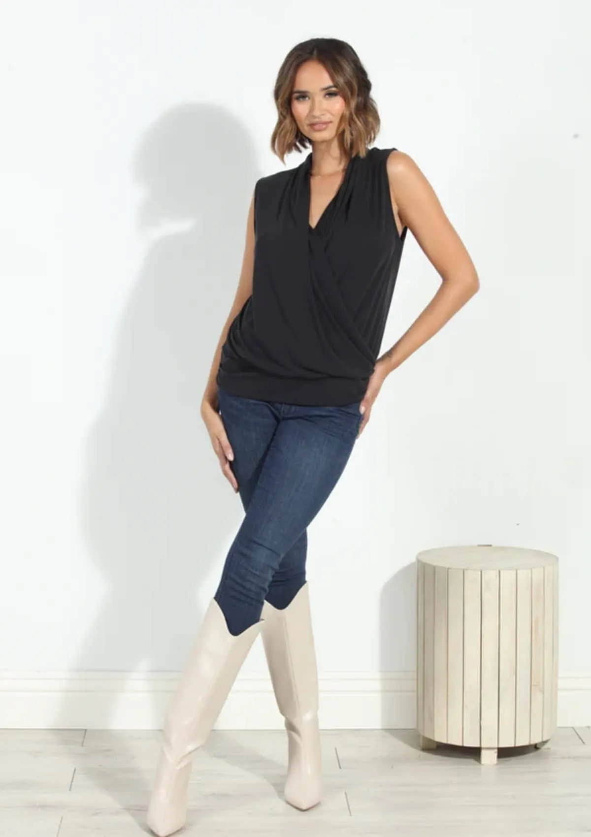 Sleeveless Cupro Surplice Top - Black