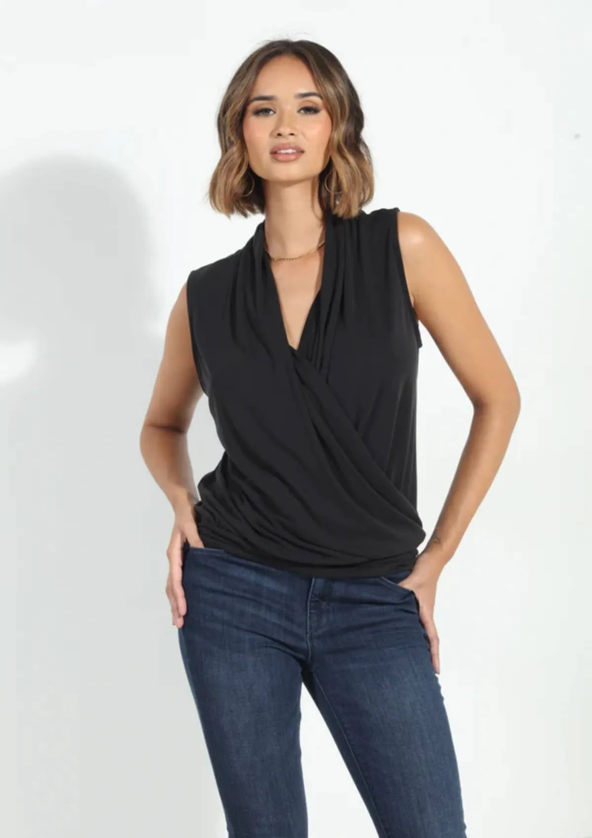 Sleeveless Cupro Surplice Top - Black