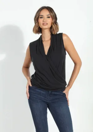 Sleeveless Cupro Surplice Top - Black