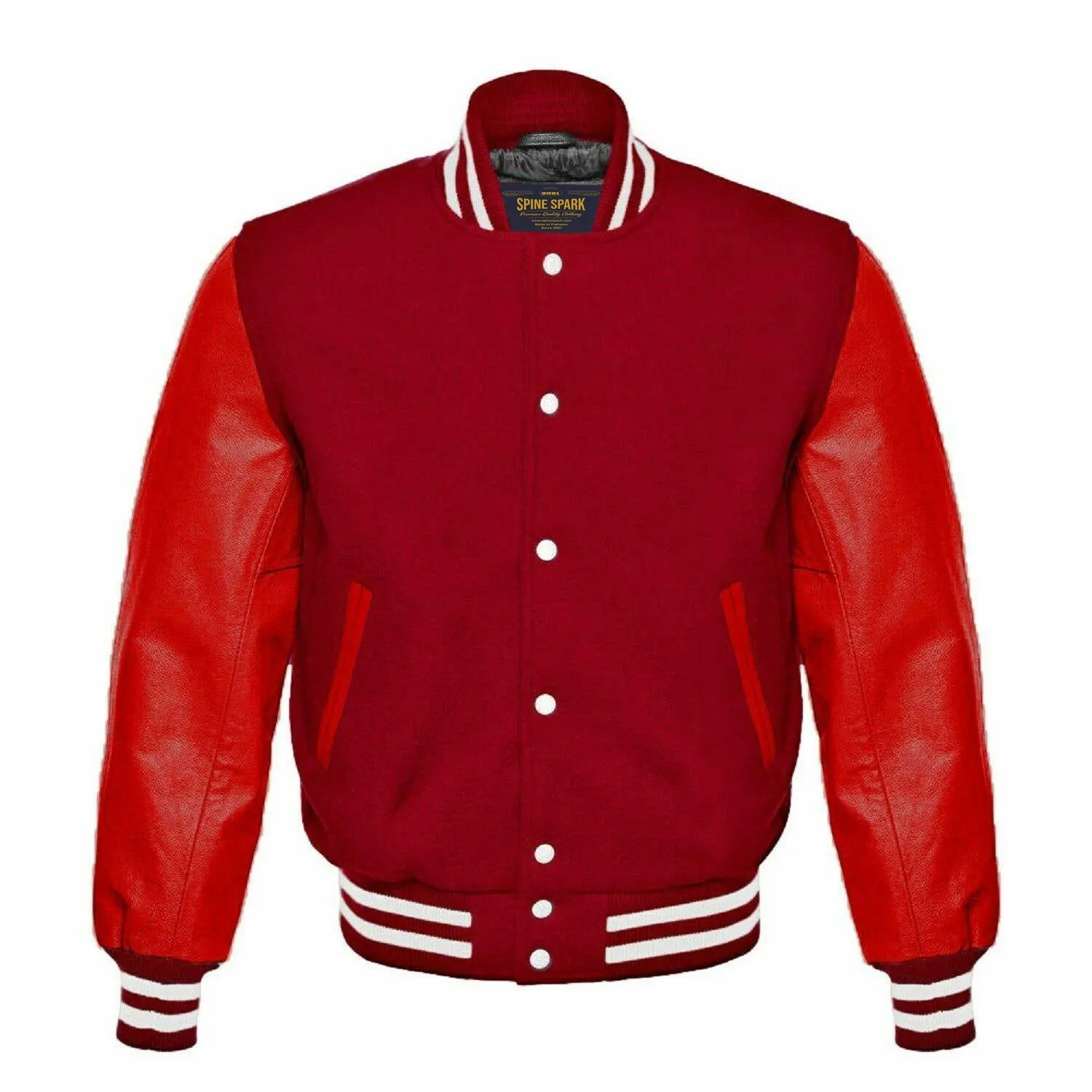 Spine Spark Maroon Wool Varsity Jacket Red Leather Sleeves