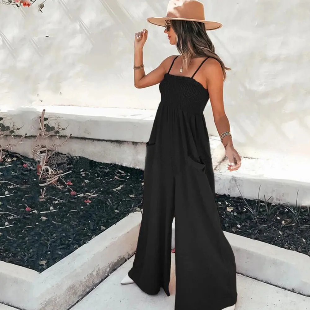Square Neck Thin Straps Wide Leg Pants Smocking Jumpsuit