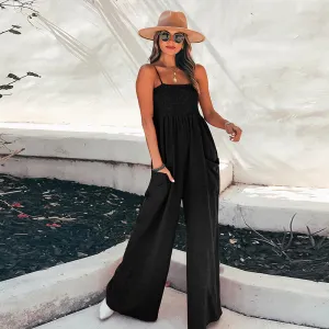 Square Neck Thin Straps Wide Leg Pants Smocking Jumpsuit