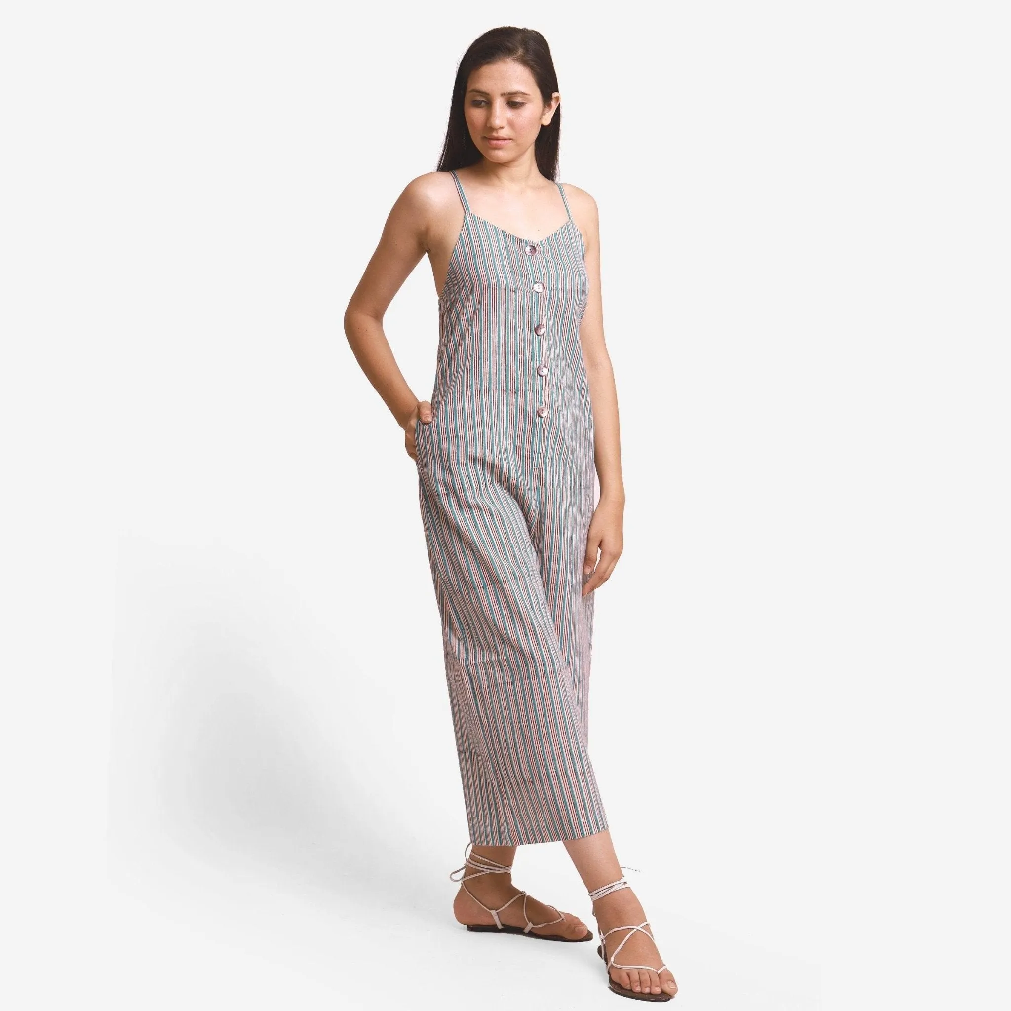 Striped Block Print Cotton Camisole Midi Jumpsuit