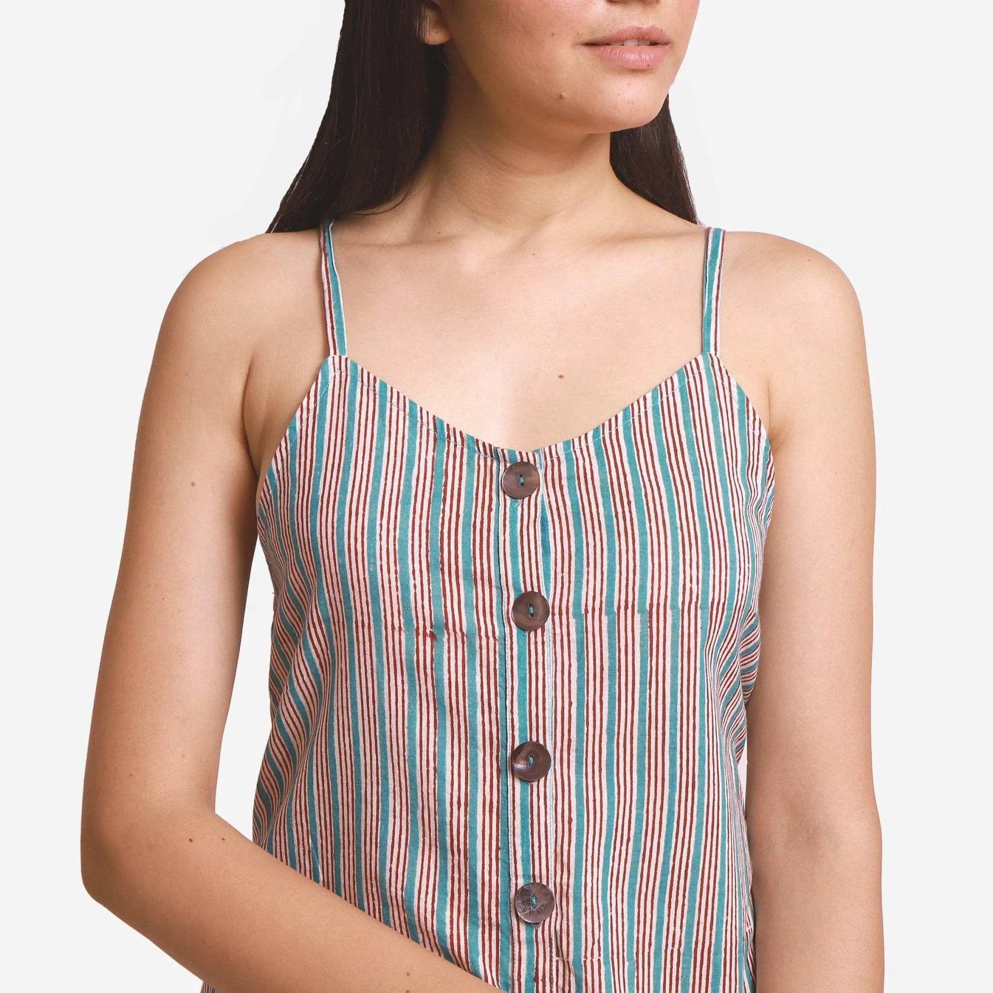 Striped Block Print Cotton Camisole Midi Jumpsuit