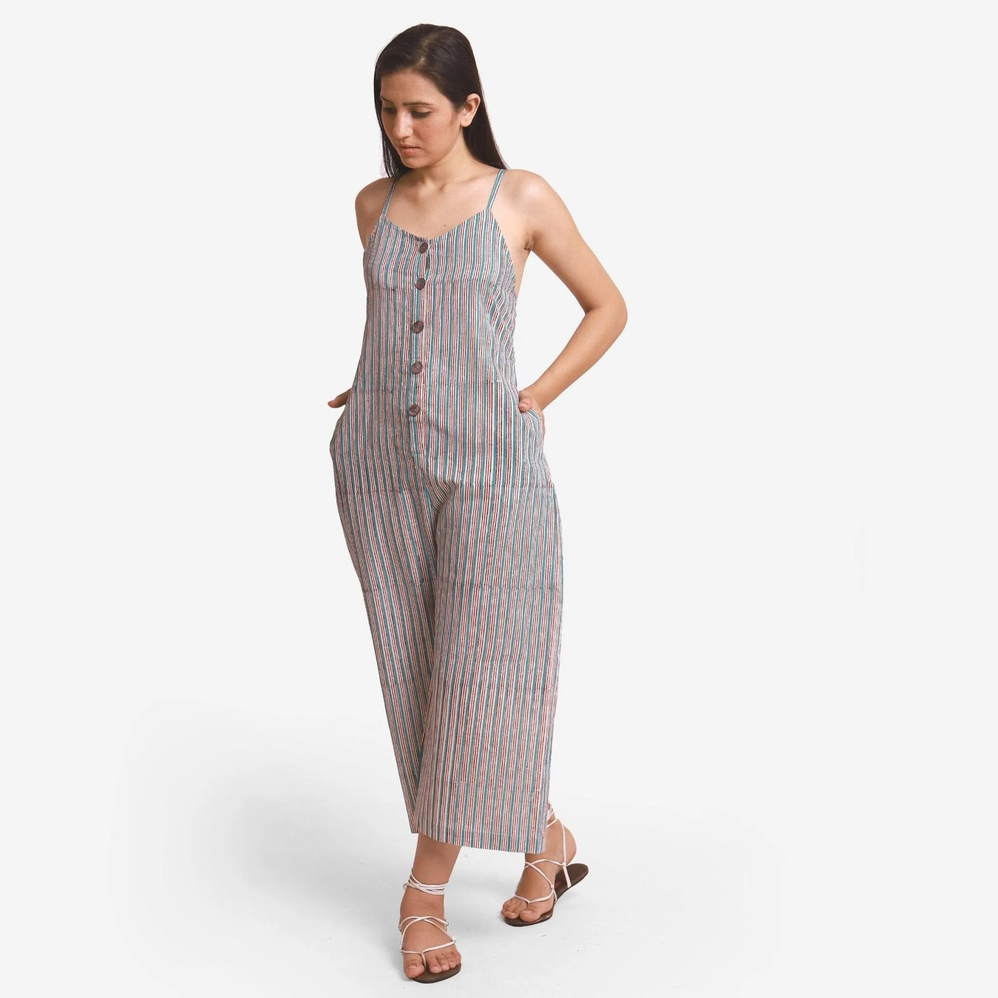 Striped Block Print Cotton Camisole Midi Jumpsuit
