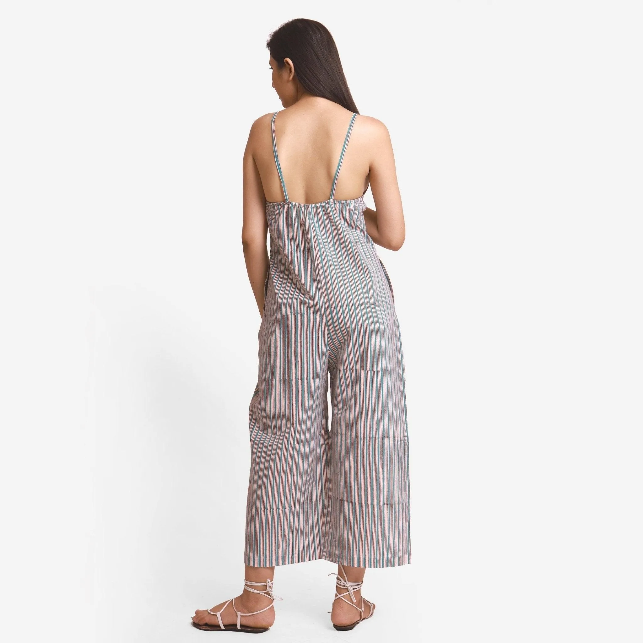 Striped Block Print Cotton Camisole Midi Jumpsuit