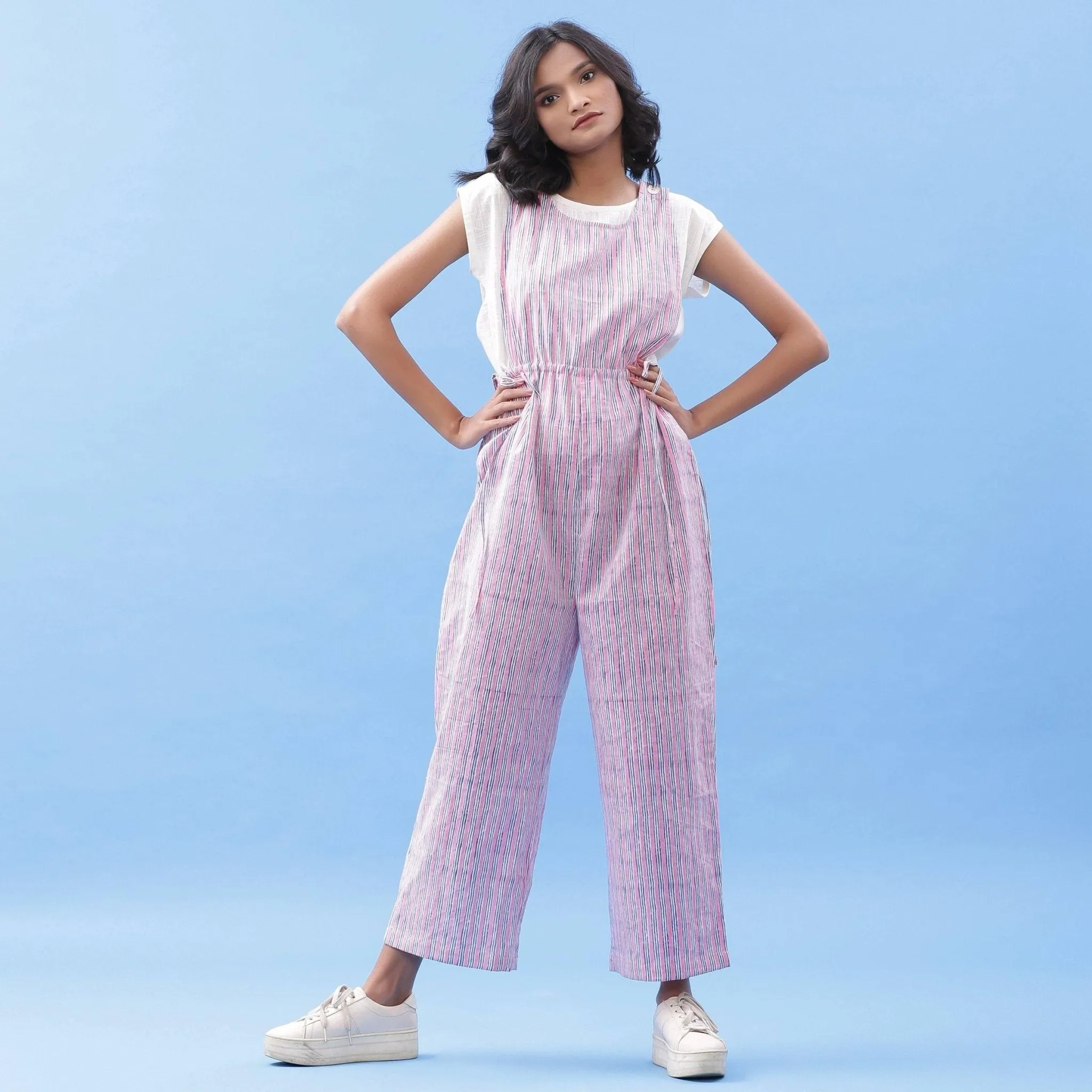 Striped Block Printed Ankle Length Cotton Jumpsuit