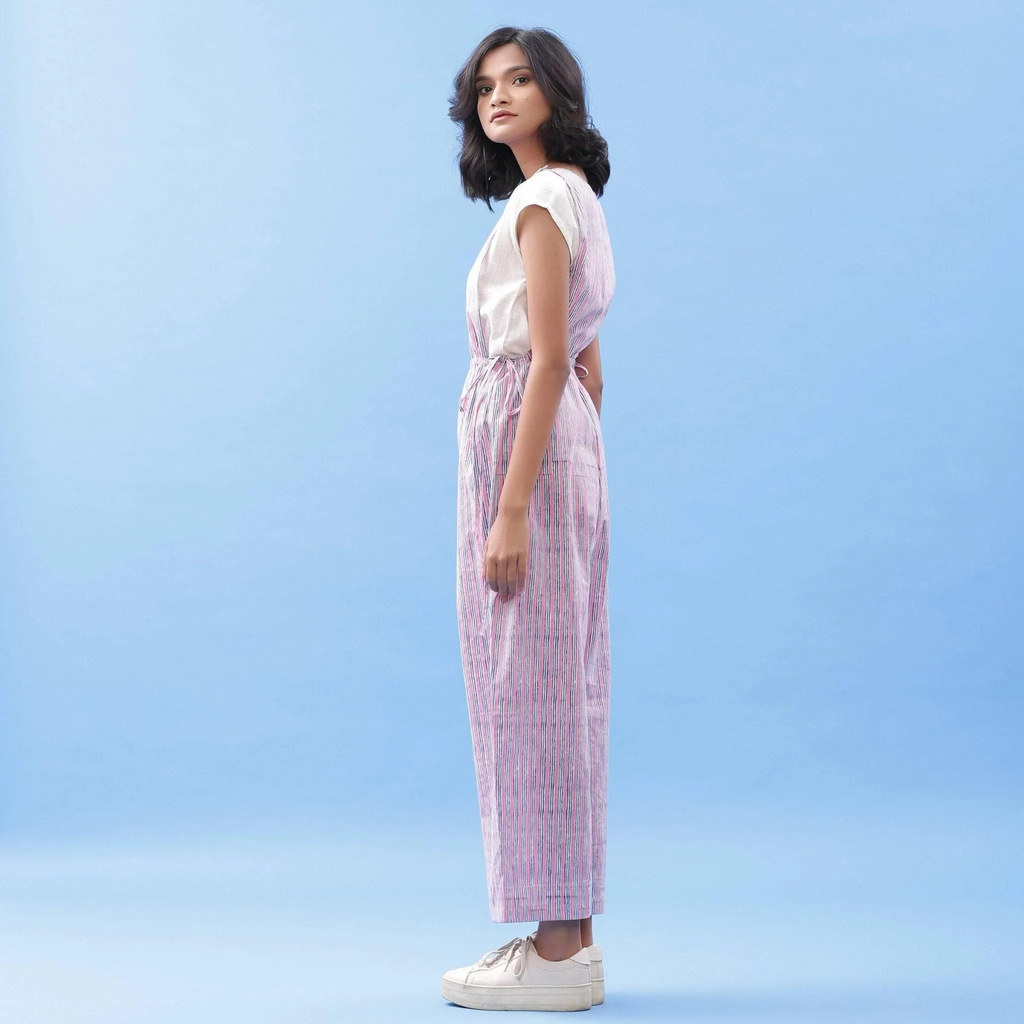 Striped Block Printed Ankle Length Cotton Jumpsuit