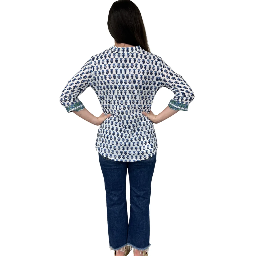 The Eloise Cotton Top in White Blue Hand Blocked Floral