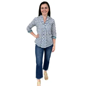 The Eloise Cotton Top in White Blue Hand Blocked Floral