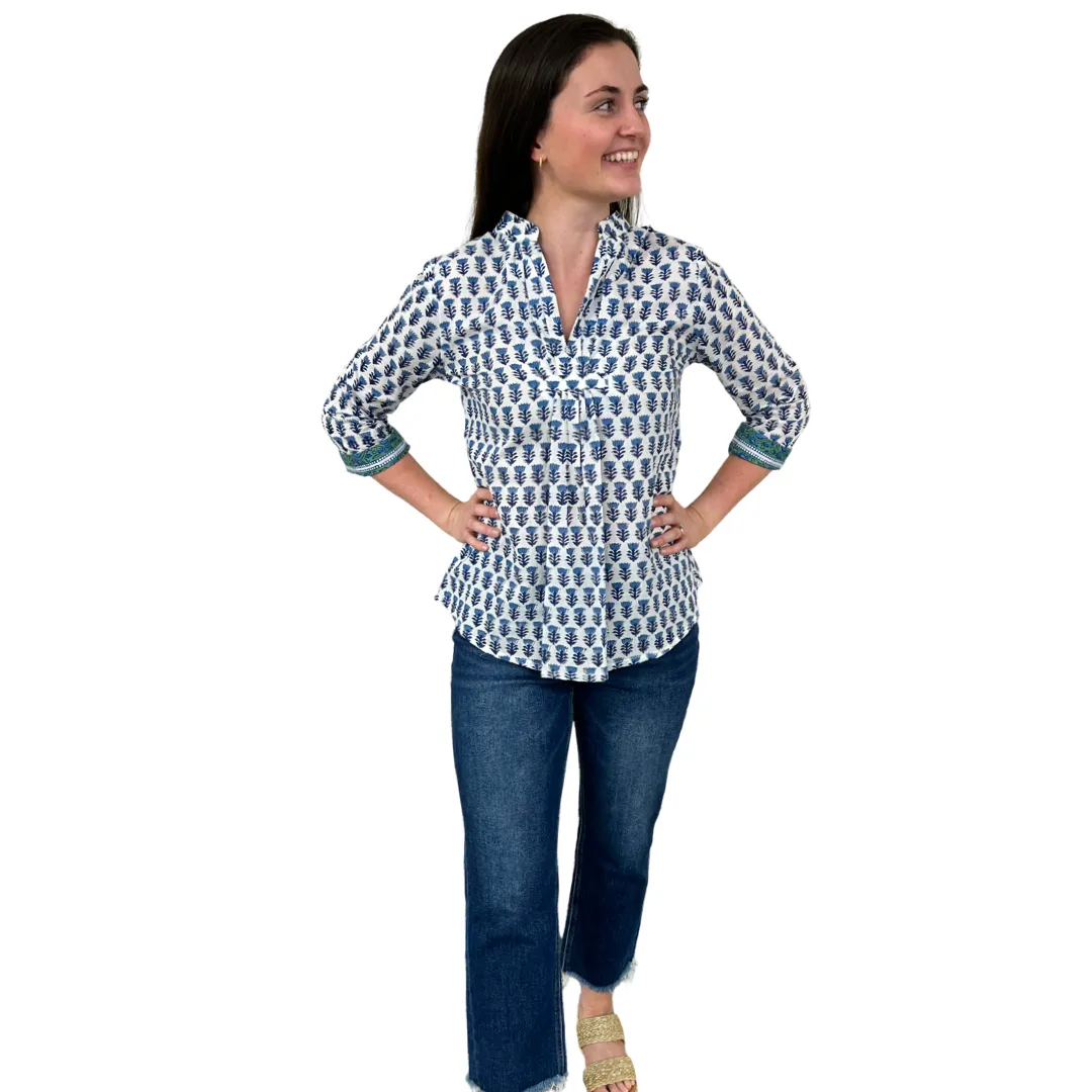 The Eloise Cotton Top in White Blue Hand Blocked Floral