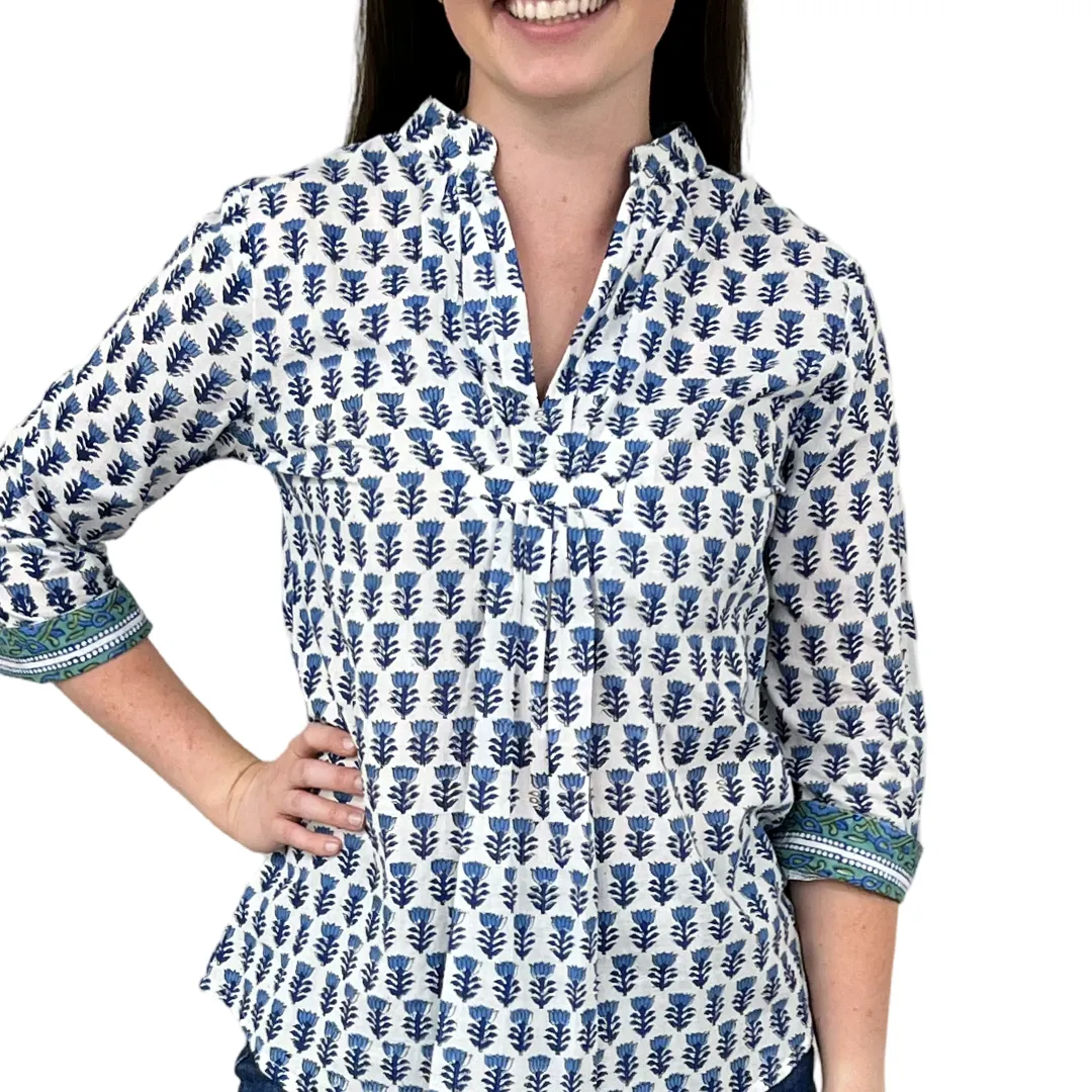 The Eloise Cotton Top in White Blue Hand Blocked Floral