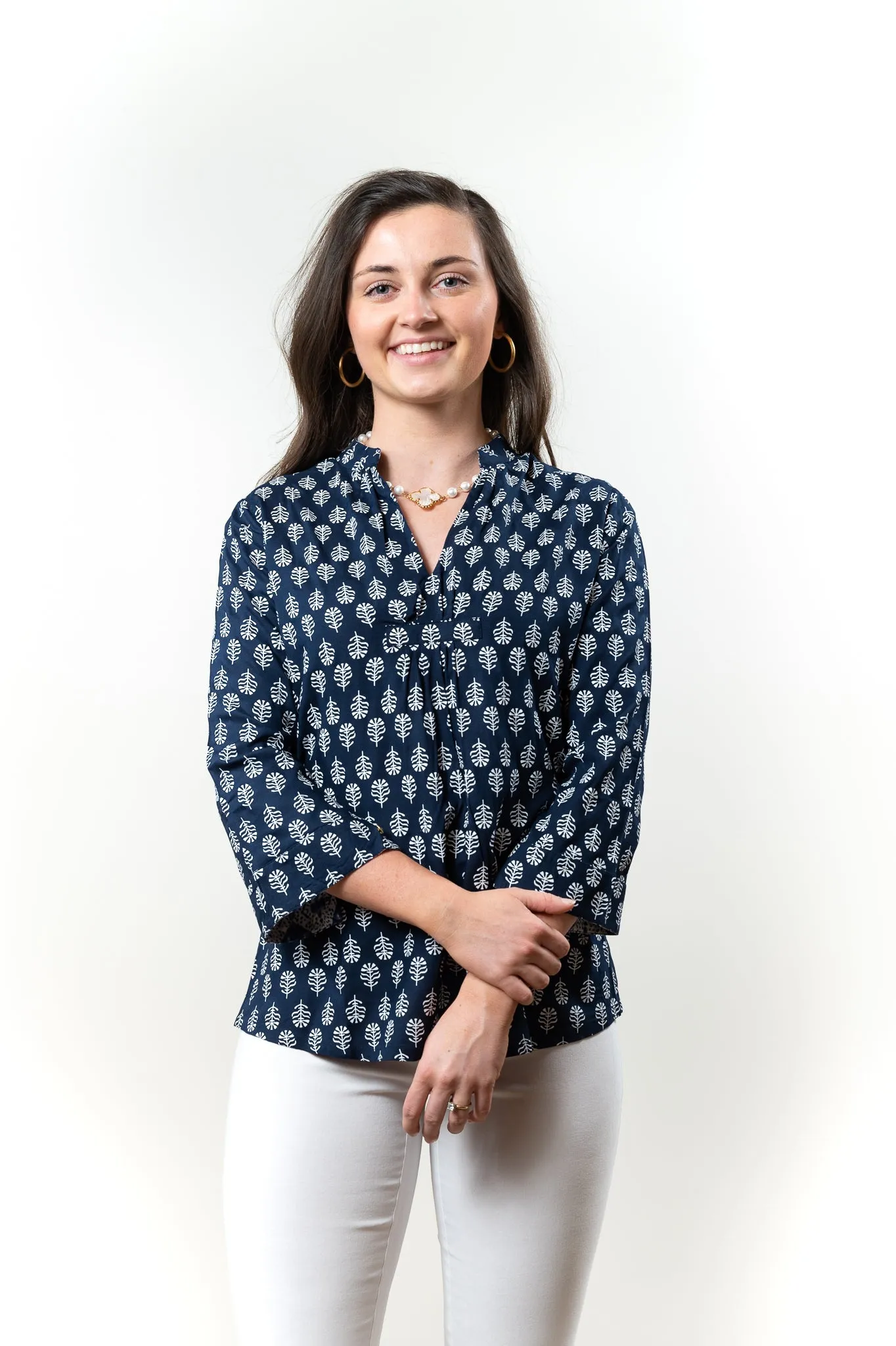 The Eloise Rayon Print Top in Navy and White Print