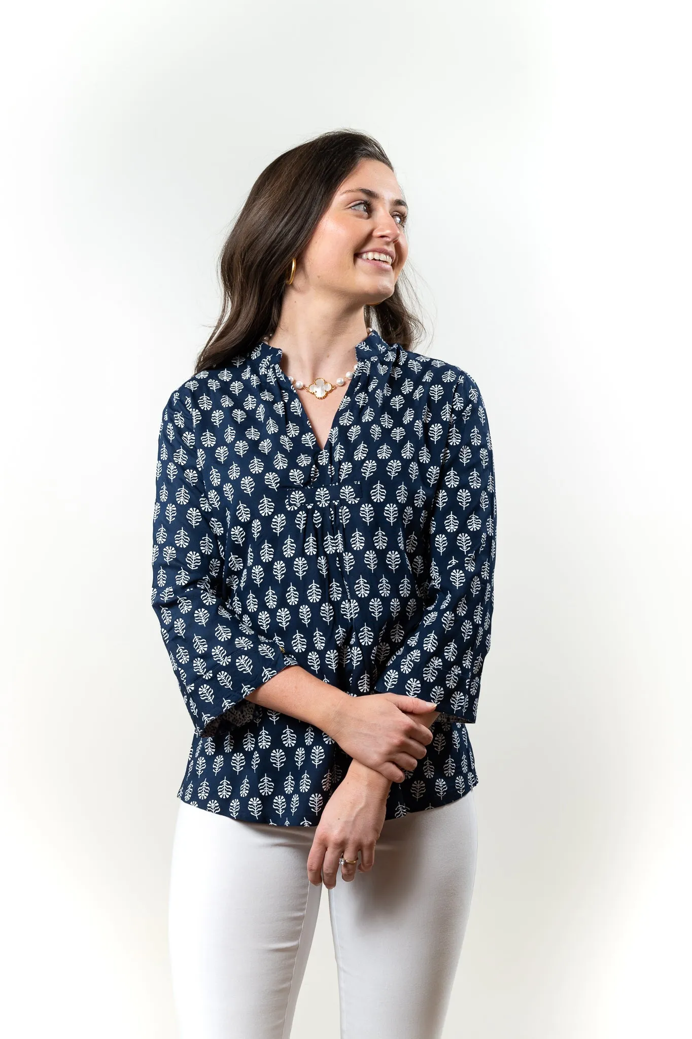 The Eloise Rayon Print Top in Navy and White Print