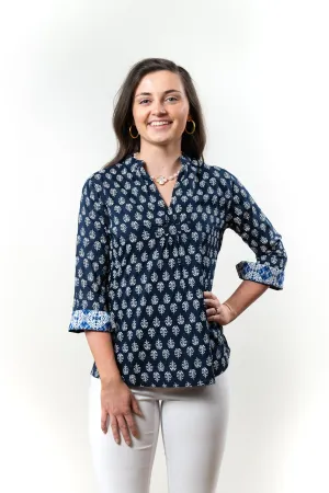 The Eloise Rayon Print Top in Navy and White Print