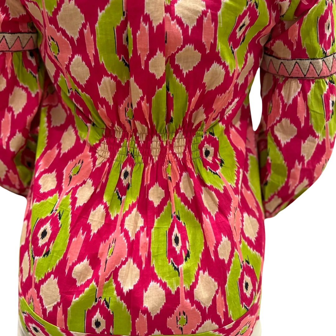 The McKenzie Embroidered Trim Top in Pink and Green Ikat