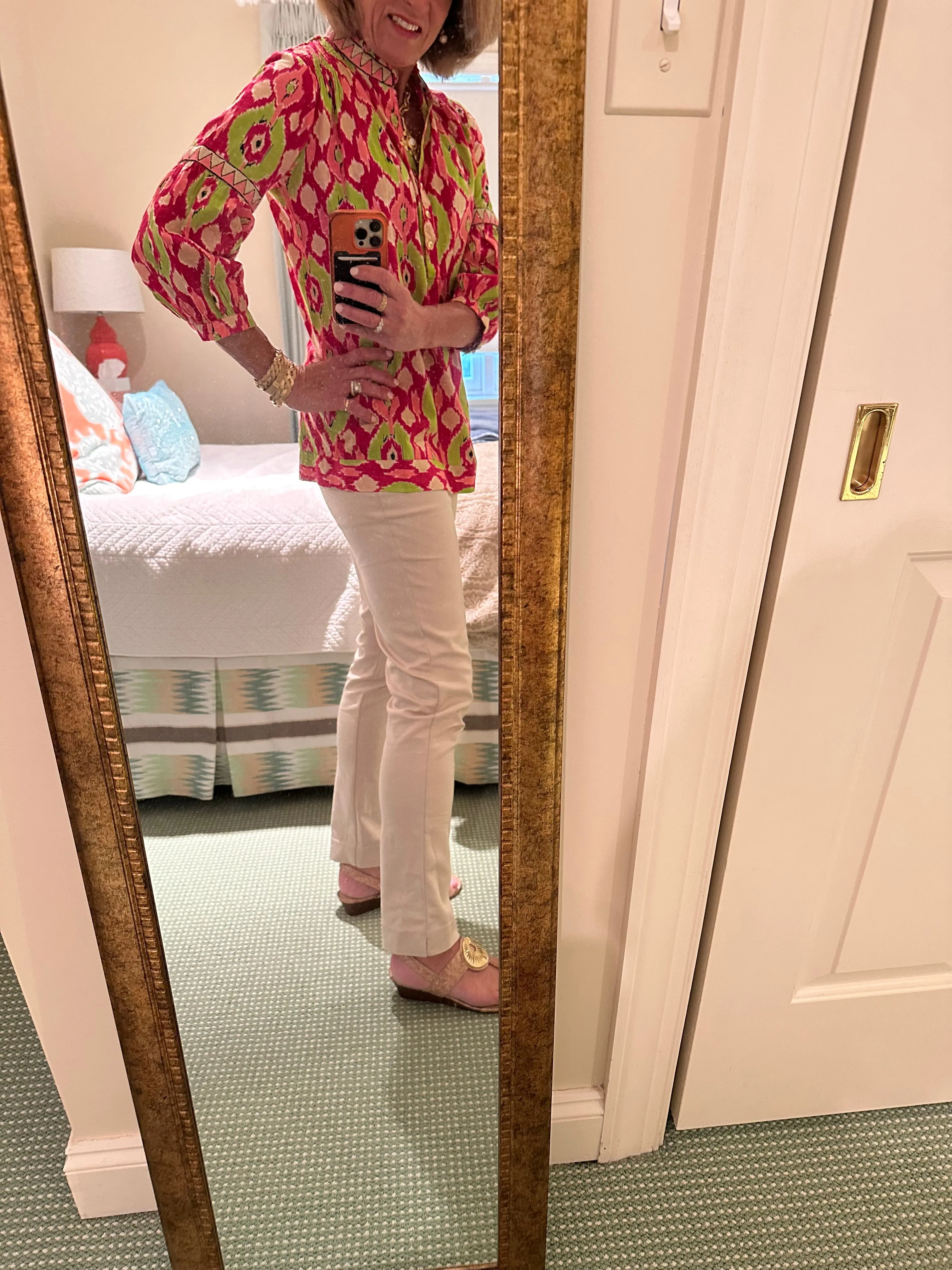 The McKenzie Embroidered Trim Top in Pink and Green Ikat