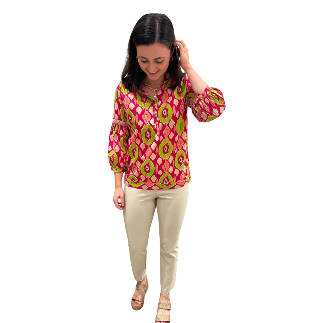 The McKenzie Embroidered Trim Top in Pink and Green Ikat