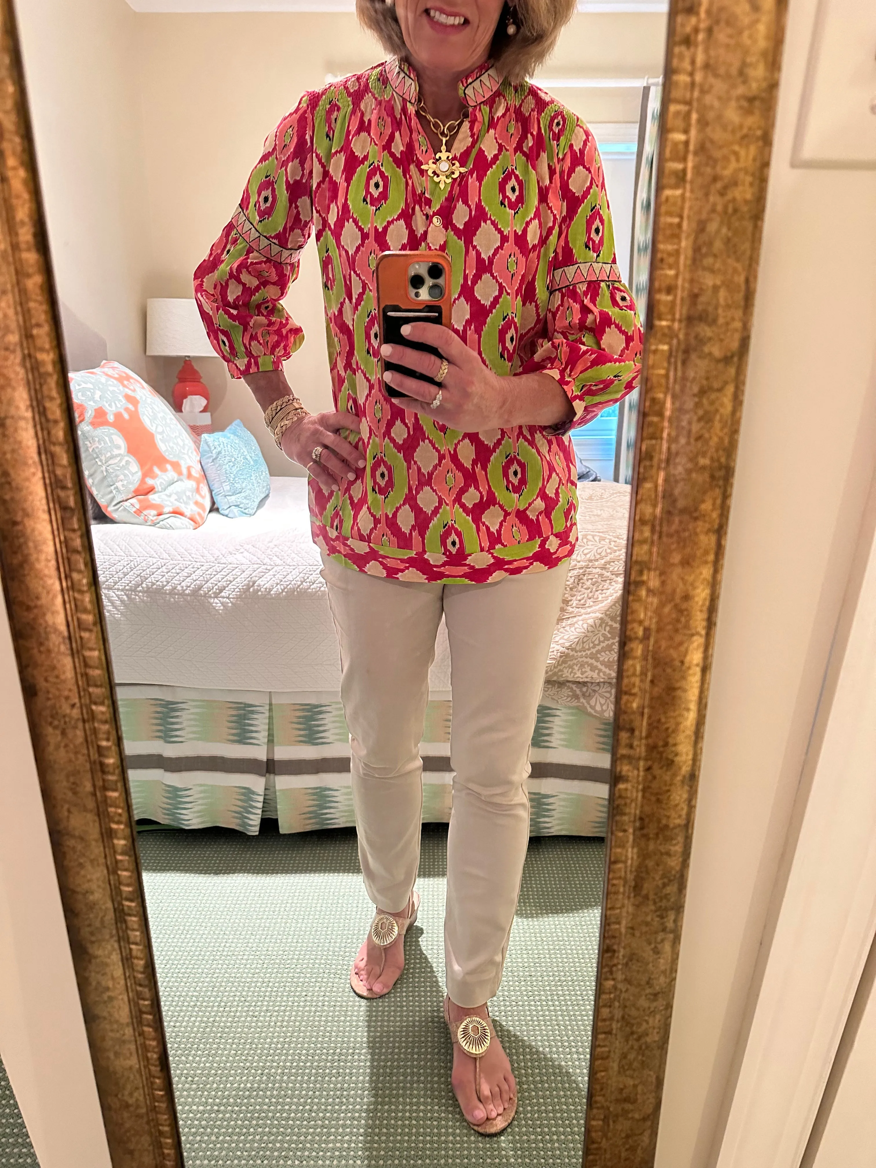 The McKenzie Embroidered Trim Top in Pink and Green Ikat