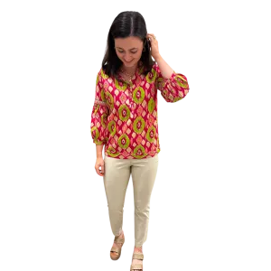 The McKenzie Embroidered Trim Top in Pink and Green Ikat