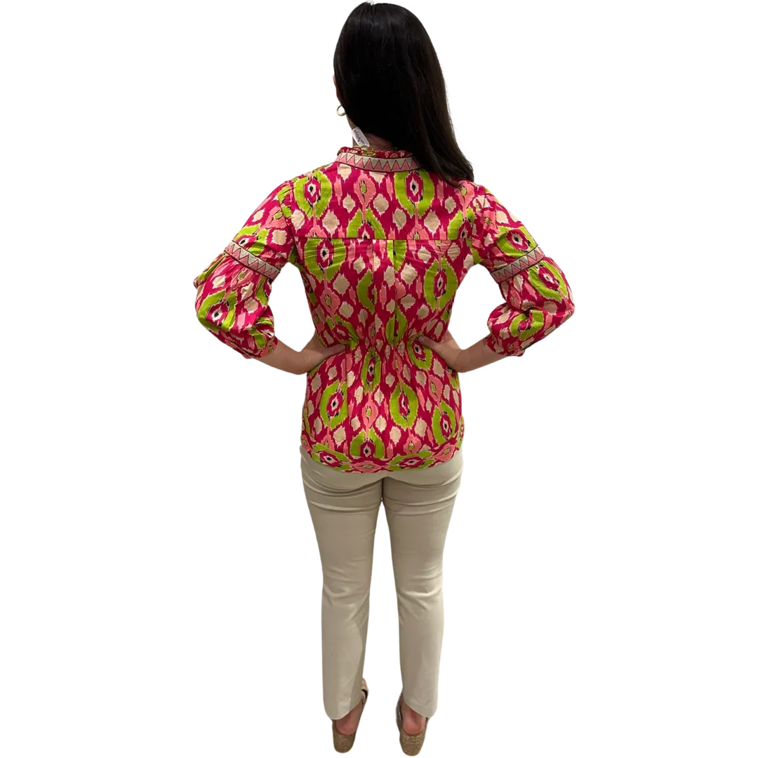 The McKenzie Embroidered Trim Top in Pink and Green Ikat