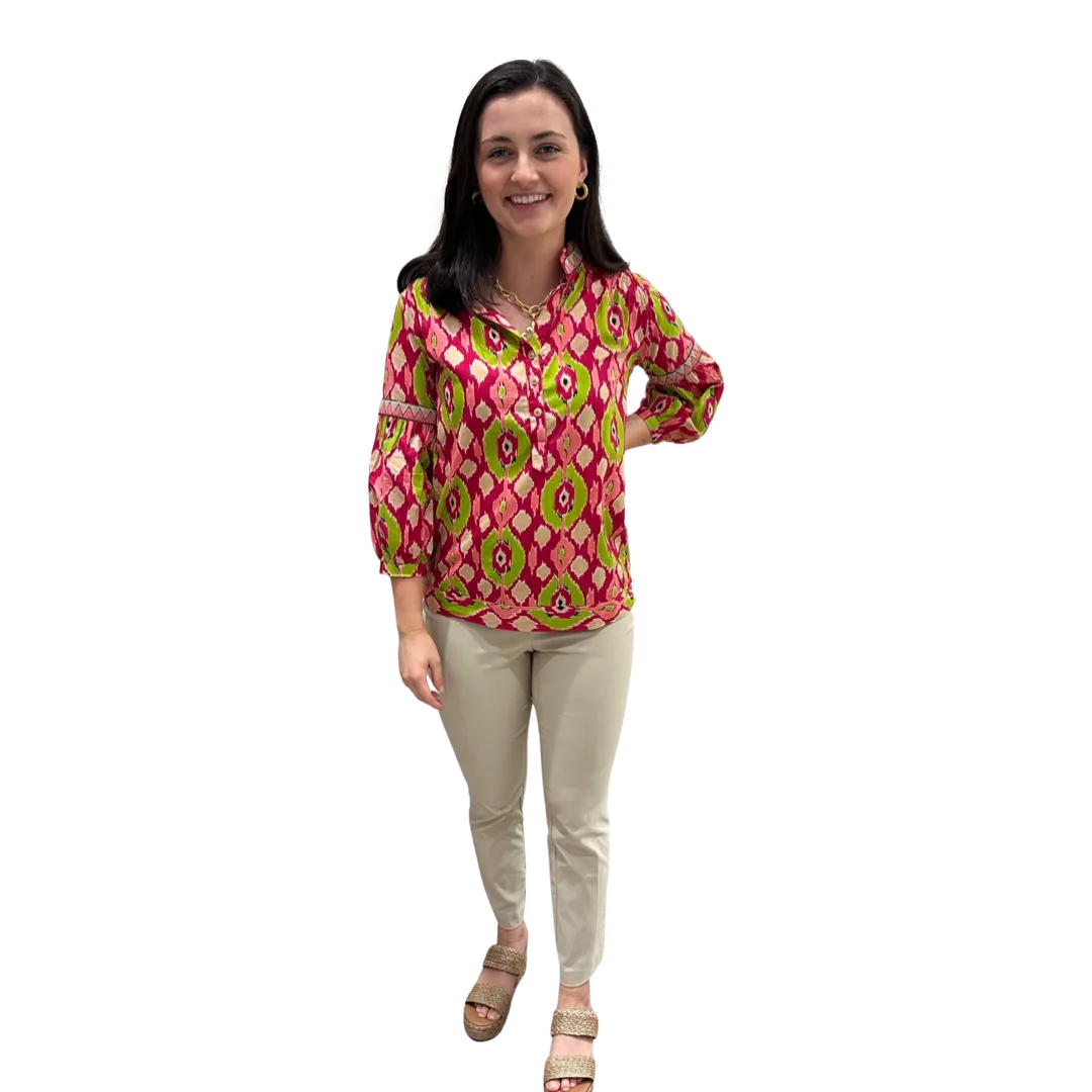 The McKenzie Embroidered Trim Top in Pink and Green Ikat