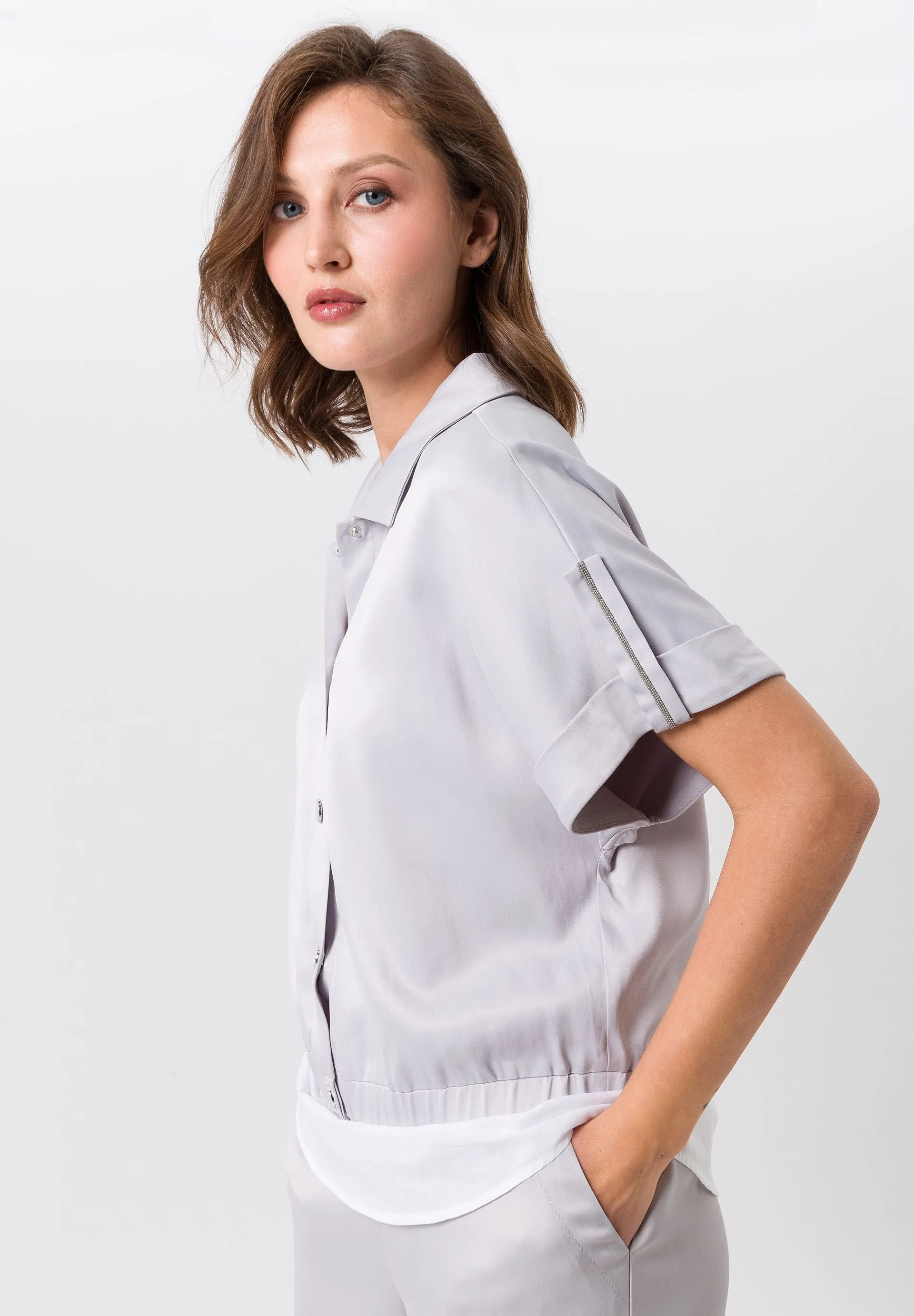 Tuzzi Silver Satin Jacket With Front Snap Closure