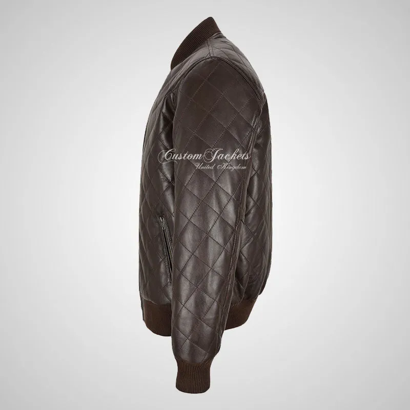 WINGED Mens Leather Quilted Bomber Jacket