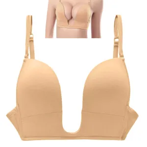 Women Deep U Plunge Seamless V Shape Bra Push Up Convertible Straps Top Size 34B