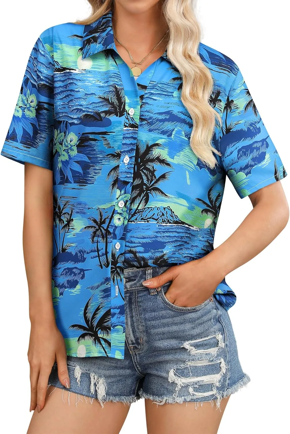 Womens Button Down Hawaiian Shirts Short Sleeve Floral Print Summer V Neck T-Shirt Casual Summer Beach Blouses Tops