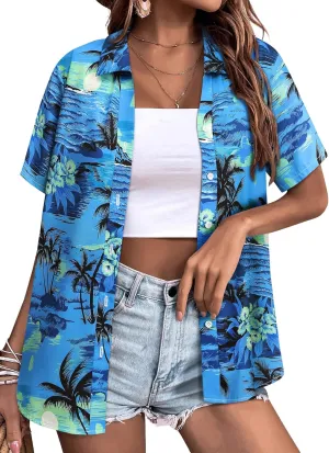 Womens Button Down Hawaiian Shirts Short Sleeve Floral Print Summer V Neck T-Shirt Casual Summer Beach Blouses Tops