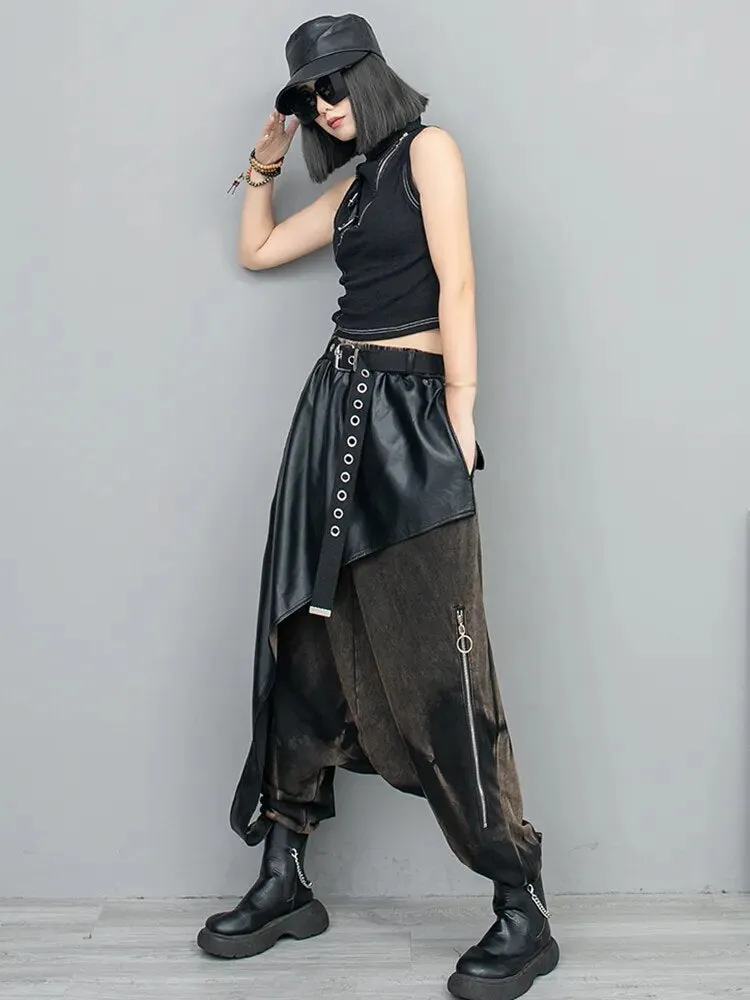 Women's Retro Harem Pants – Black Leather Denim