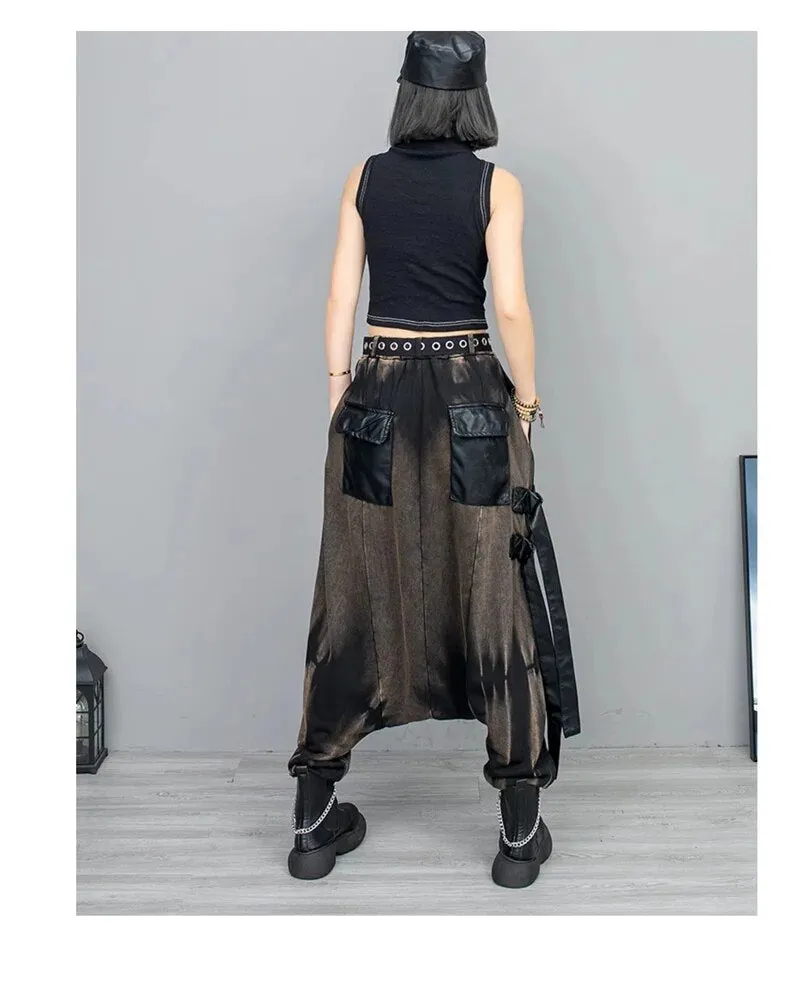 Women's Retro Harem Pants – Black Leather Denim