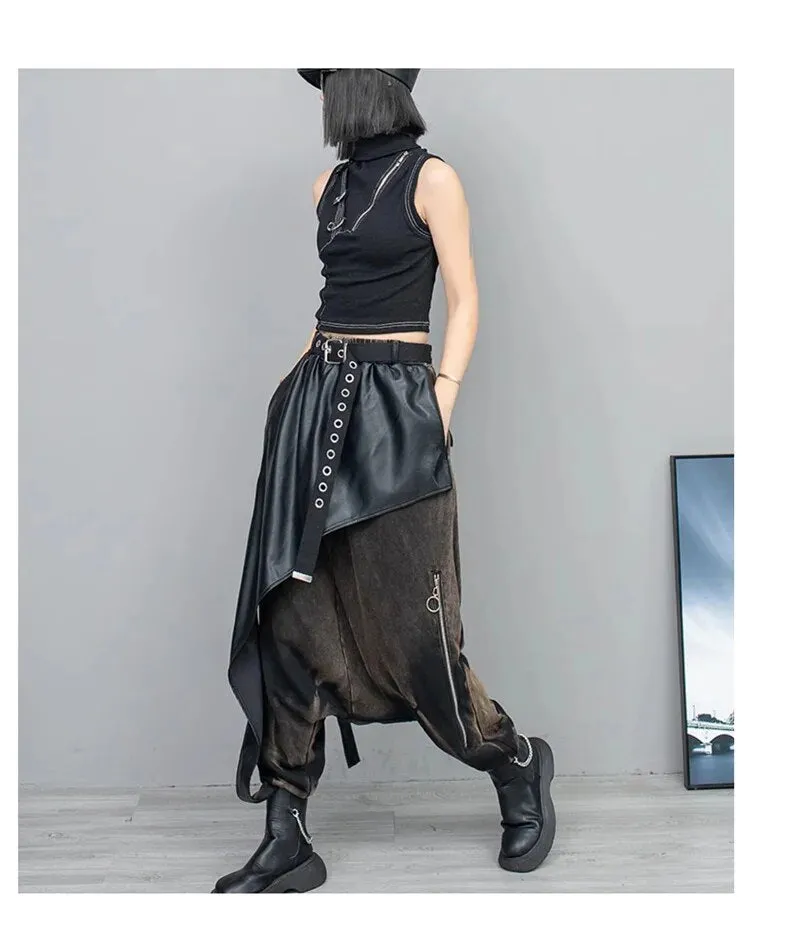 Women's Retro Harem Pants – Black Leather Denim