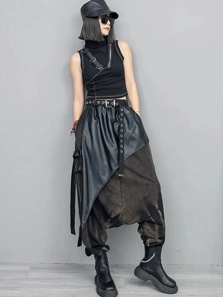 Women's Retro Harem Pants – Black Leather Denim